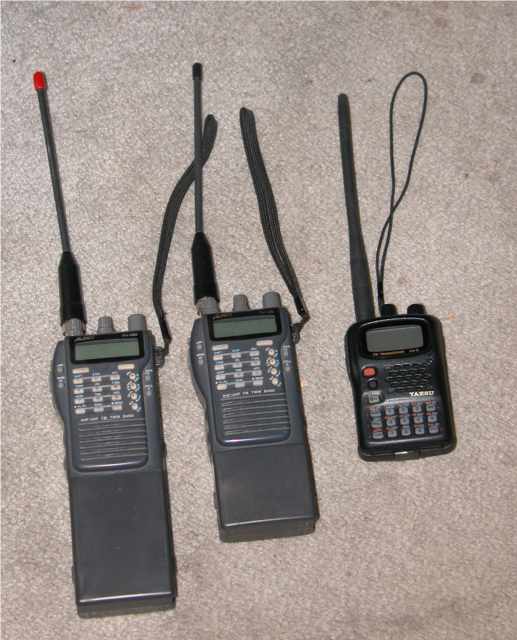  left are Alinco DJ-580 radios. They have different size battery packs 